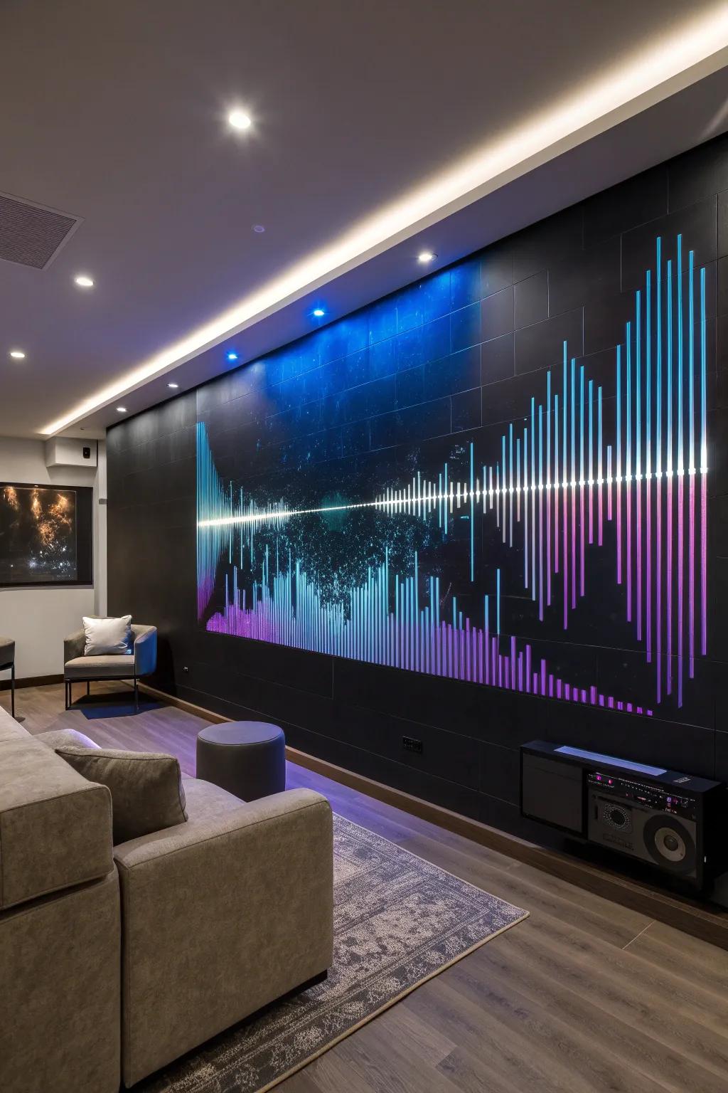 Step into the future of music with a digital visualization mural that pulses with modernity.
