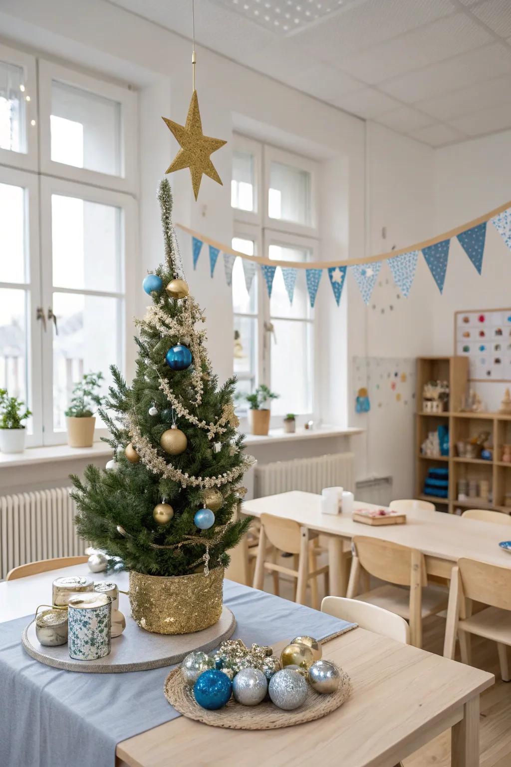 Infuse elegance with a bold color scheme that shines with gold, silver, and blue.