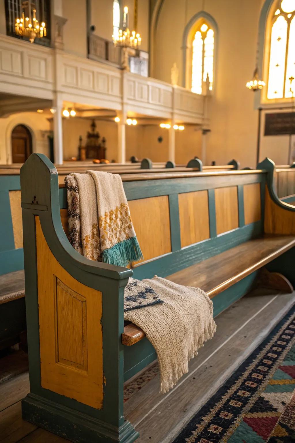 Celebrate natural beauty with a wood and color fusion pew.