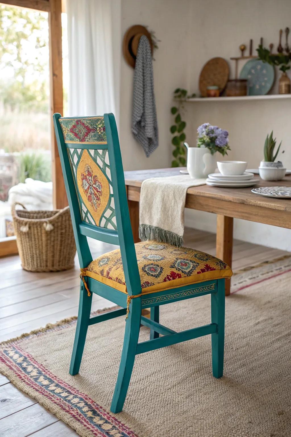 Eclectic bohemian chairs add vibrant energy to your dining space.