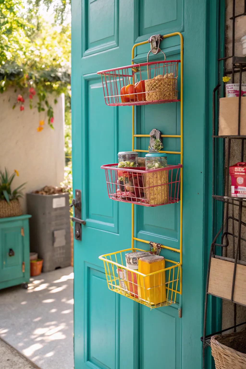 Clip-on baskets provide instant and versatile storage for your pantry door.