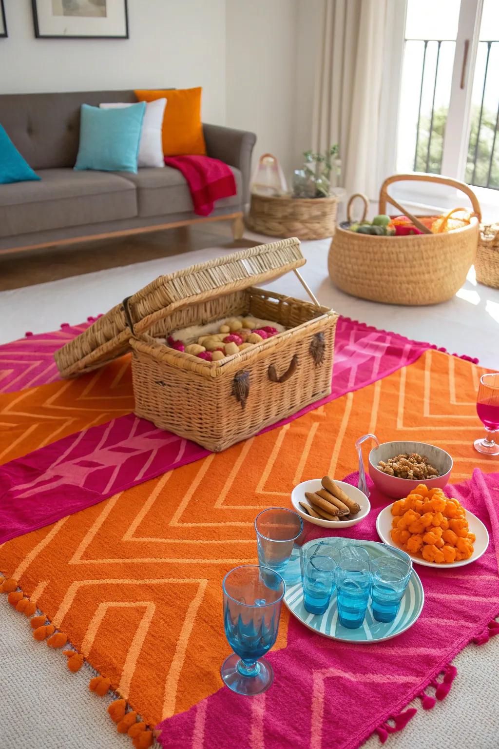 Enjoy a cozy indoor picnic with friends, perfect for any season.