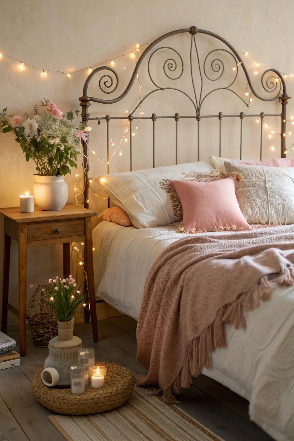 Enter a whimsical wonderland, where fairy lights and wrought iron cast a magical glow in your dreamy retreat.