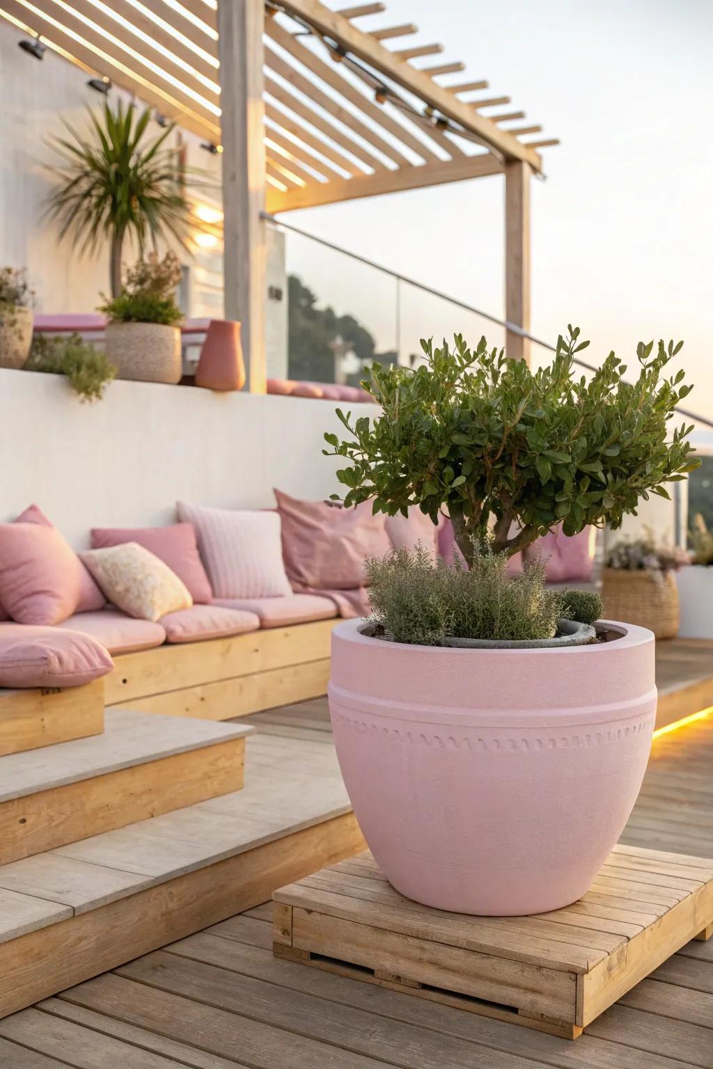 Bring a playful vibe to your outdoor space with pink planters and cushions.