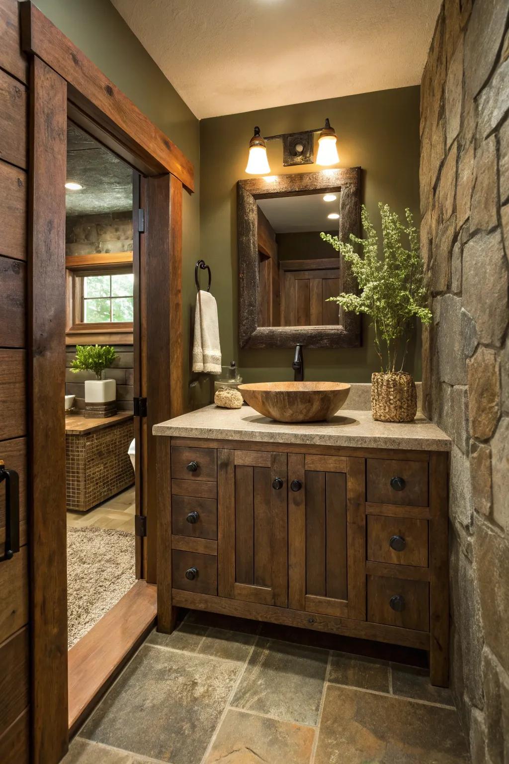 Reclaimed wood adds sustainability and character to your bathroom. #SustainableDesign #RusticHome 🌱