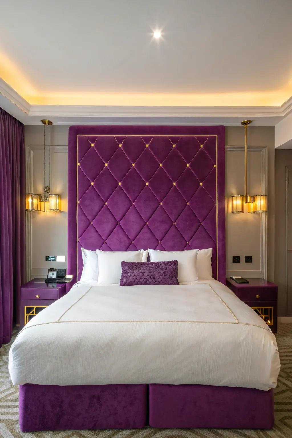 A bold purple headboard serves as a stunning focal point, elevating your bedroom's design. 🎨 #FocalPoint #BedroomStyle