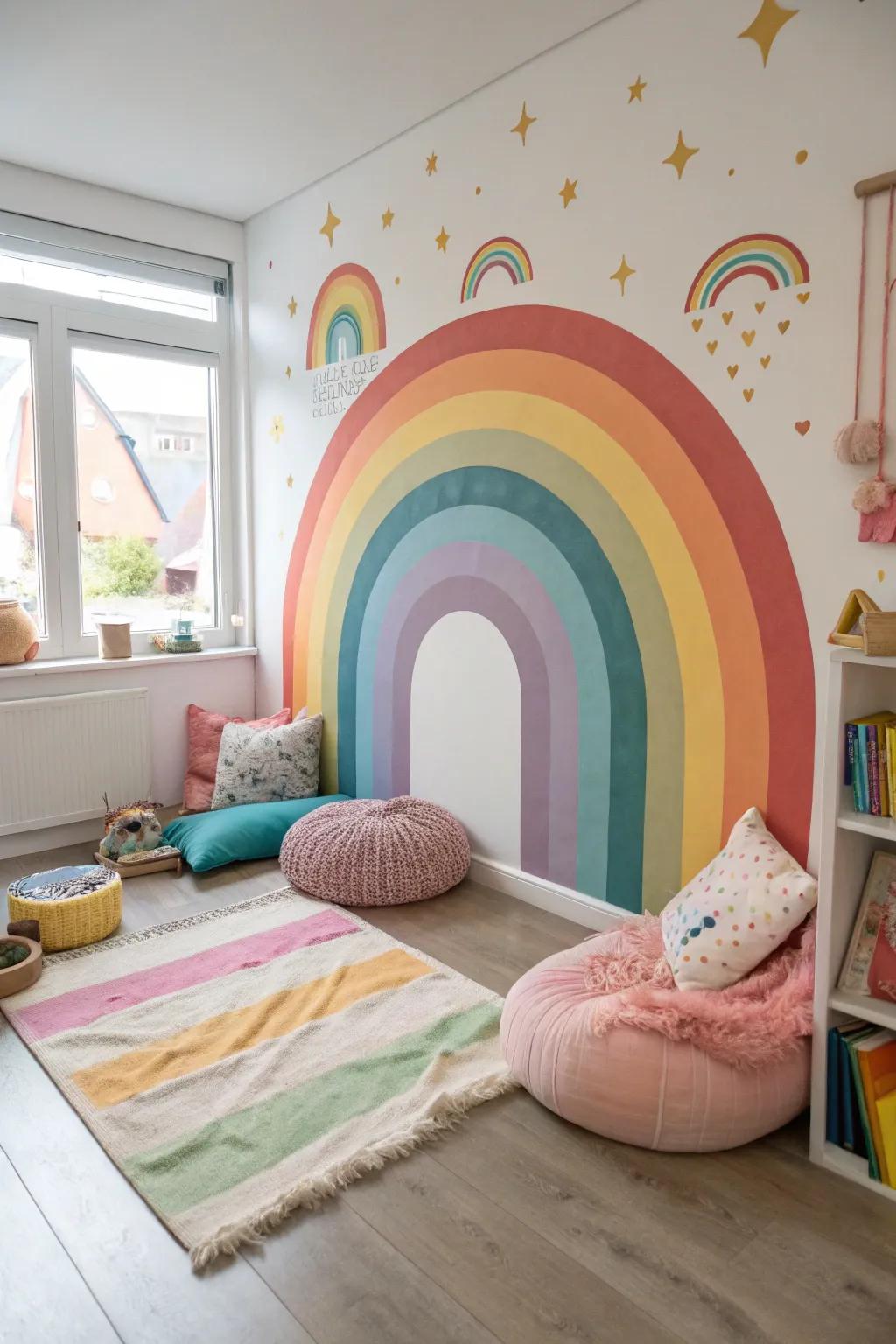 A rainbow-themed play area sparks joy and creativity, inviting endless hours of fun and exploration. 🌈🧸 #PlaytimeFun #KidsRoomIdeas
