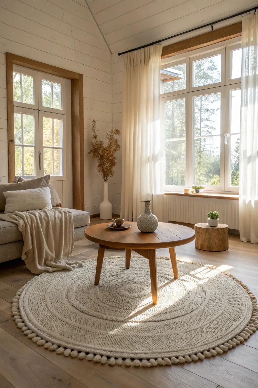 Create harmony and balance with a perfectly aligned round rug. #Symmetry #HomeHarmony