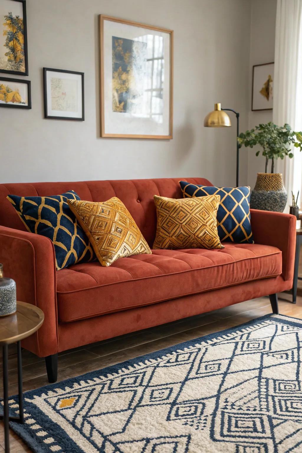 Combining rust with bold patterns infuses energy and creativity into your living room design.
