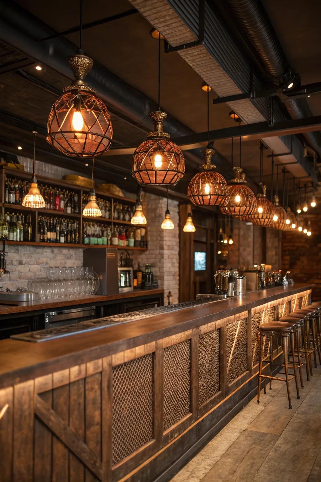 Clustered lighting creates depth and visual interest in rustic bar design. #ClusteredLighting #VisualImpact