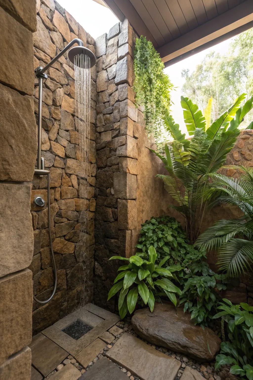 Bring life to your stone shower with lush greenery, creating a vibrant and inviting retreat. 🌿 #NatureInspired #GreenLiving