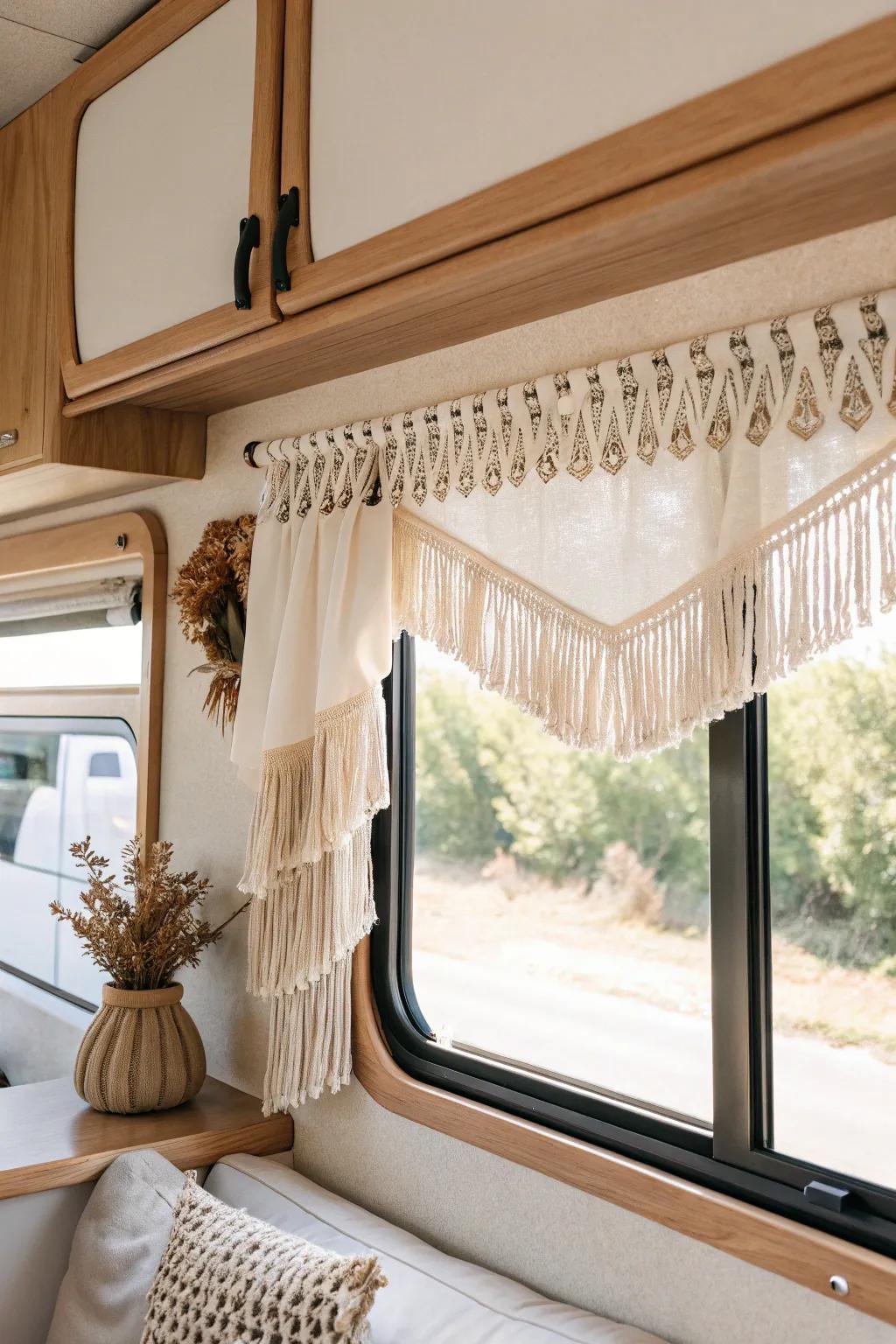 Fringed valances add a playful touch to your RV, perfect for a boho vibe. #FringeFun #BohoDecor