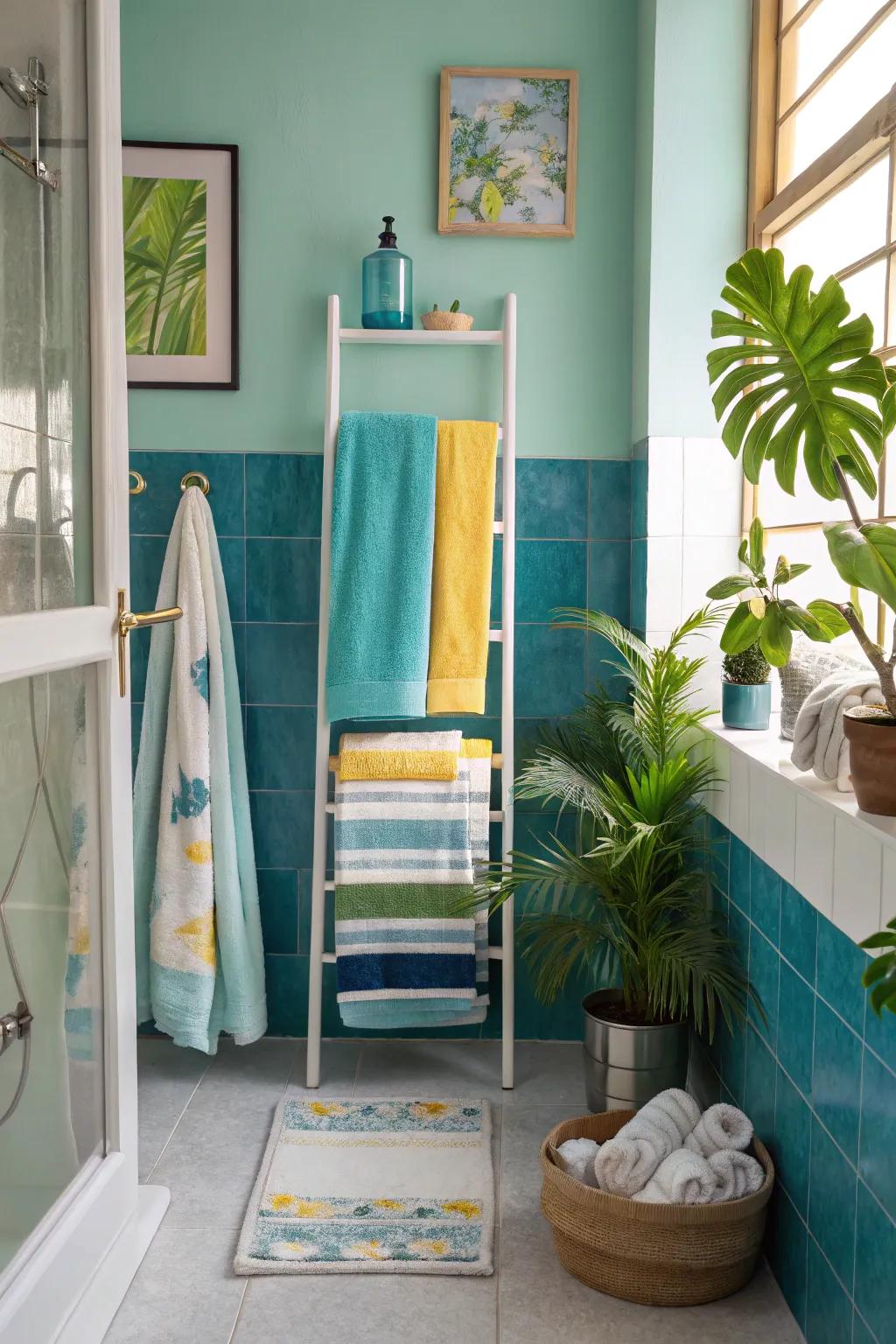 Colorful accents bring vibrancy to shared bathroom spaces. #ColorPop #BathroomDecor 🎨