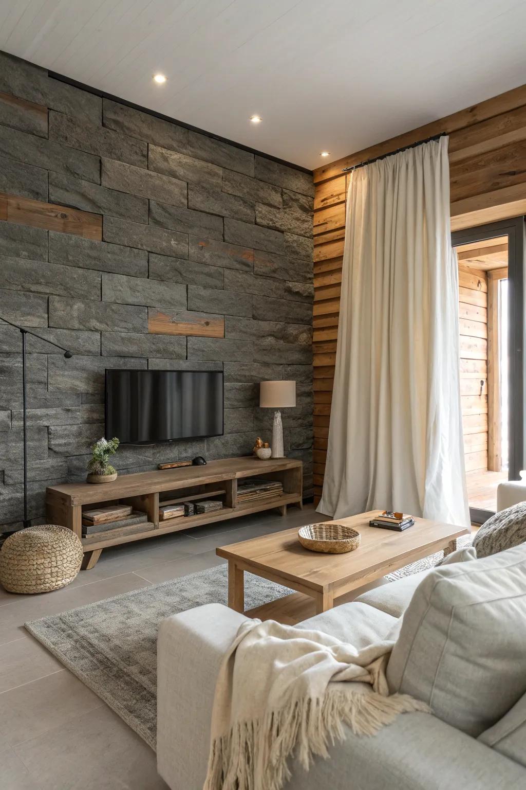 Create depth and interest by layering textures with a slate accent wall as the foundation.