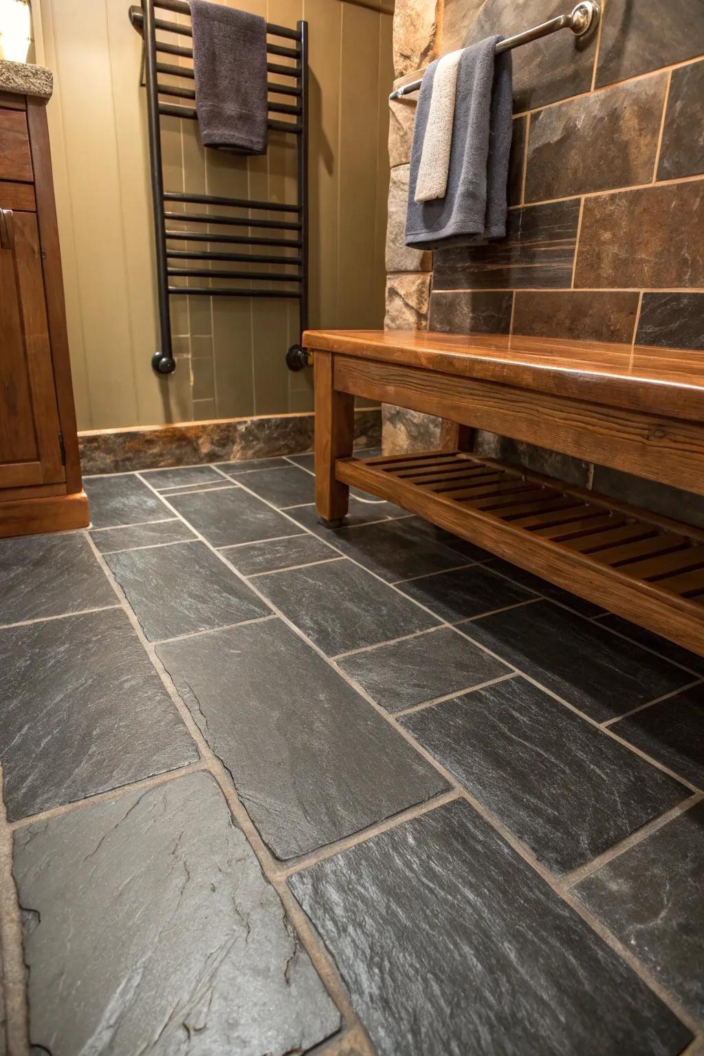 Step into warmth with heated slate floors that offer comfort and luxury.