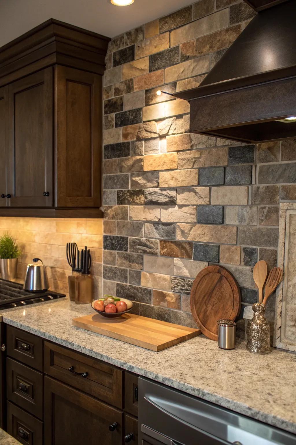 Mix different stones for a textured backsplash that adds depth and interest to your kitchen.