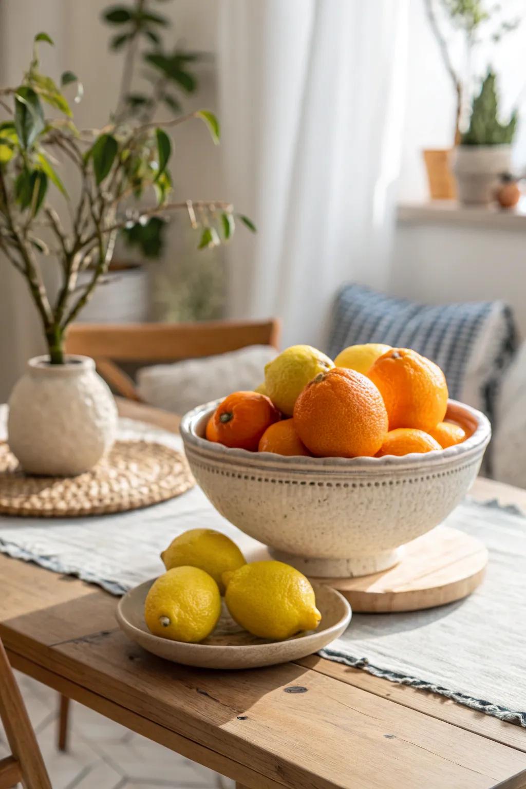 Add a splash of color and freshness with vibrant bowls of fruit that capture summer's essence. 🍋 #FruitDecor #SummerFreshness #ColorPop