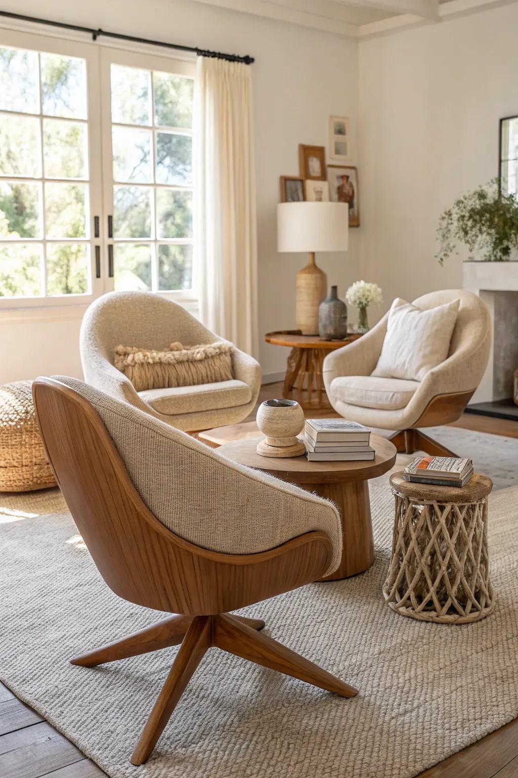 Find harmony in diversity with eclectic swivel chair arrangements.