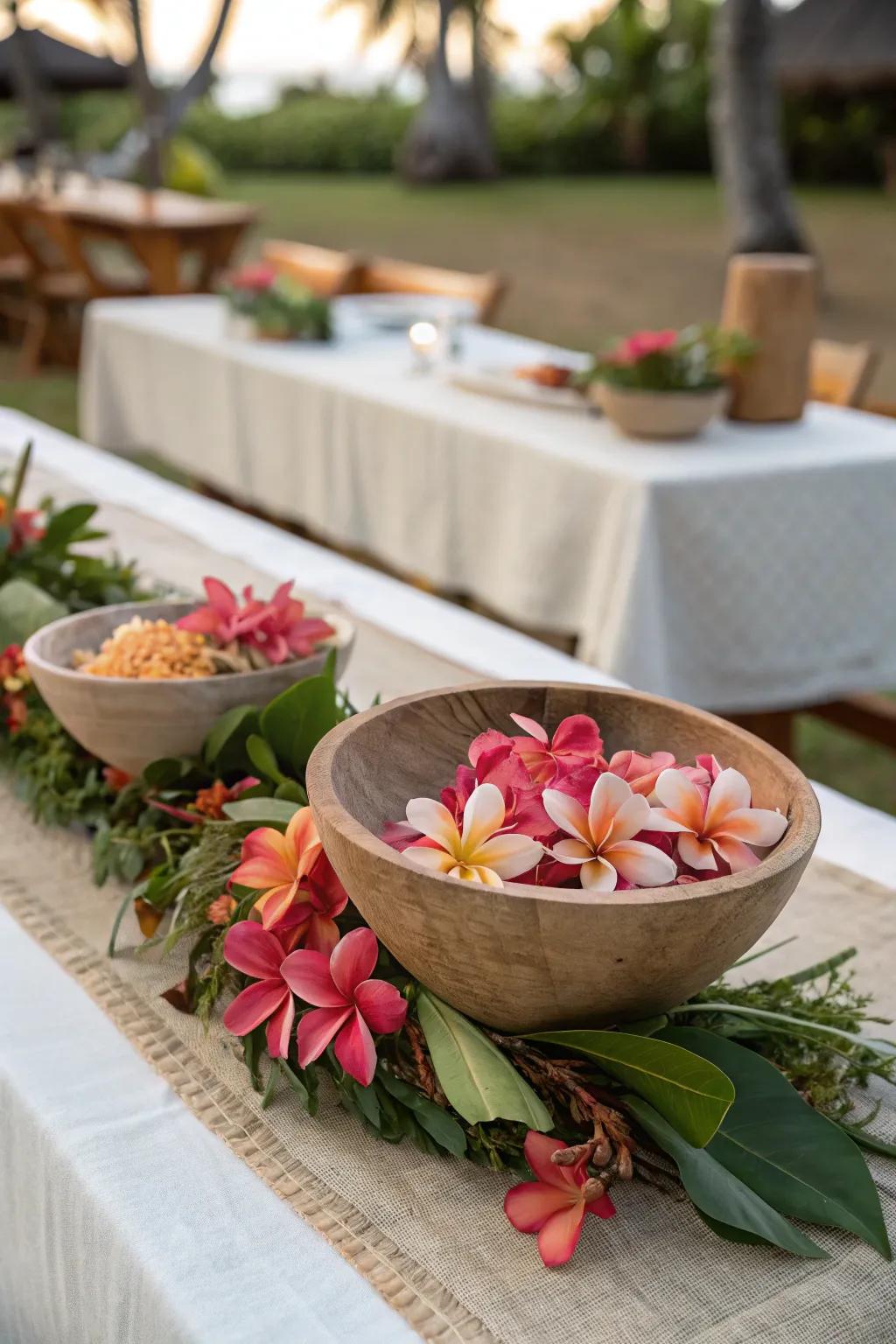Get creative with a lei-making station and let guests craft their own tropical accessories.