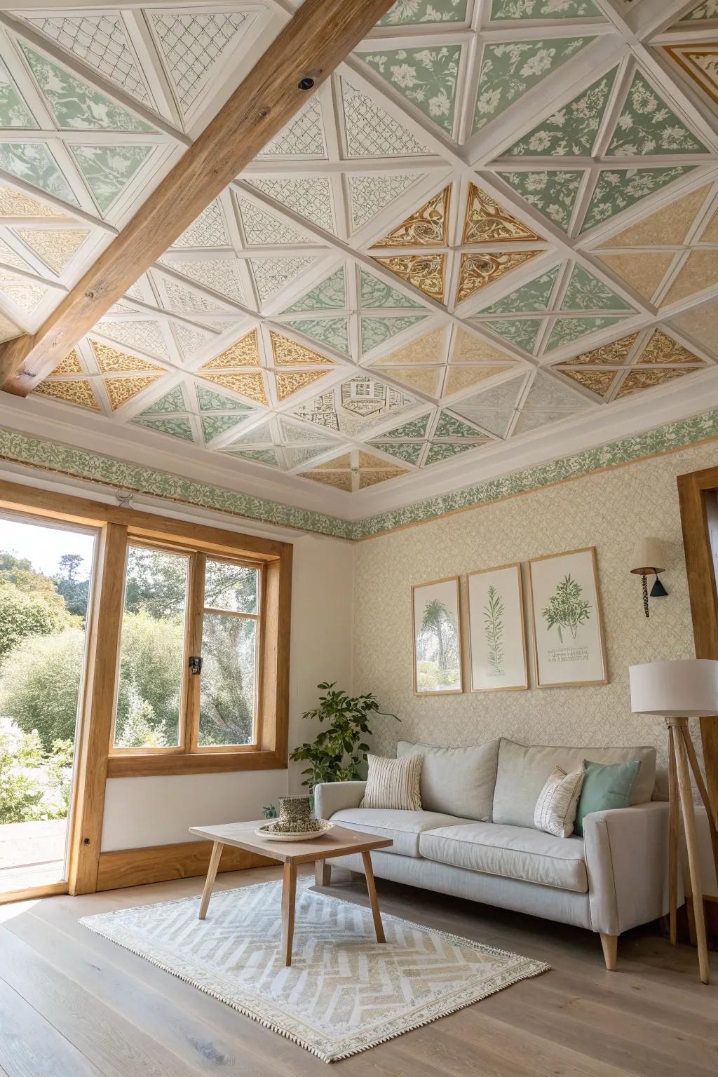 Modernize your space with geometric patterns on your wainscoting ceiling.