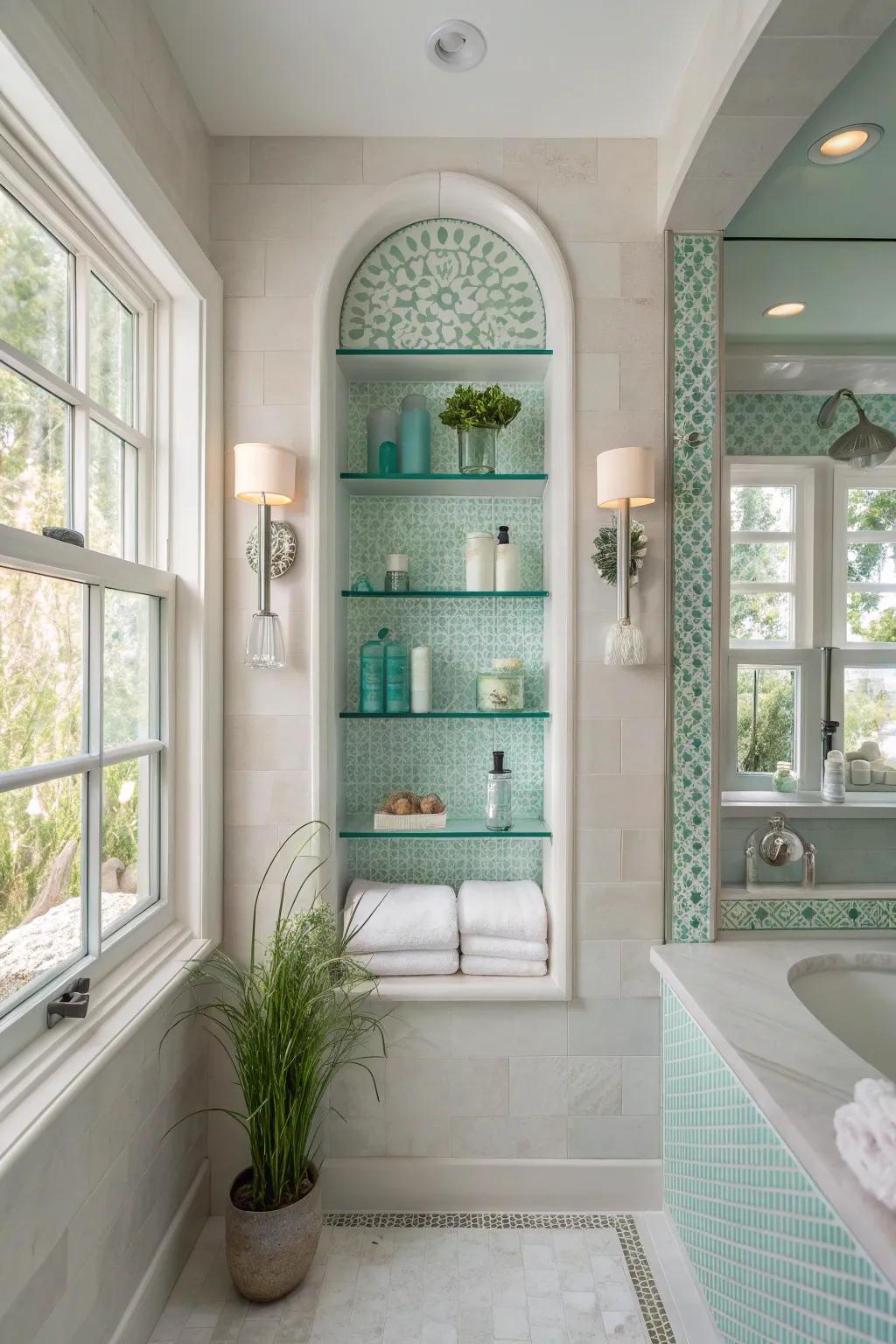 Wall niches add hidden storage and style, perfect for a clutter-free bathroom.