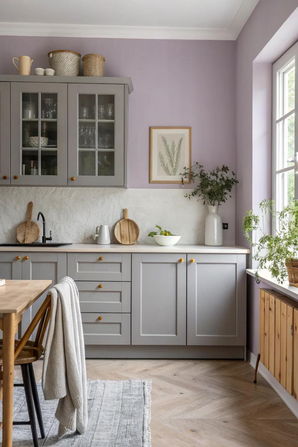 Add a unique twist with lavender walls that bring a whimsical touch to gray cabinets.