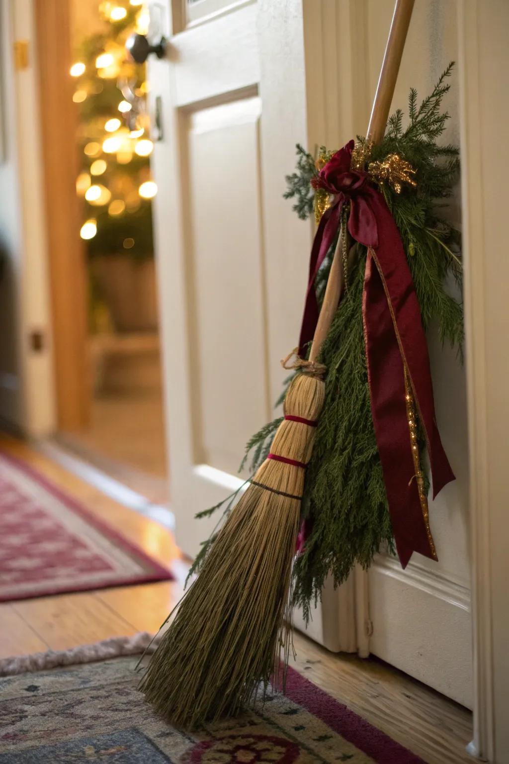 Welcome guests with a decorated broom that brings festive cheer and protection to your home.