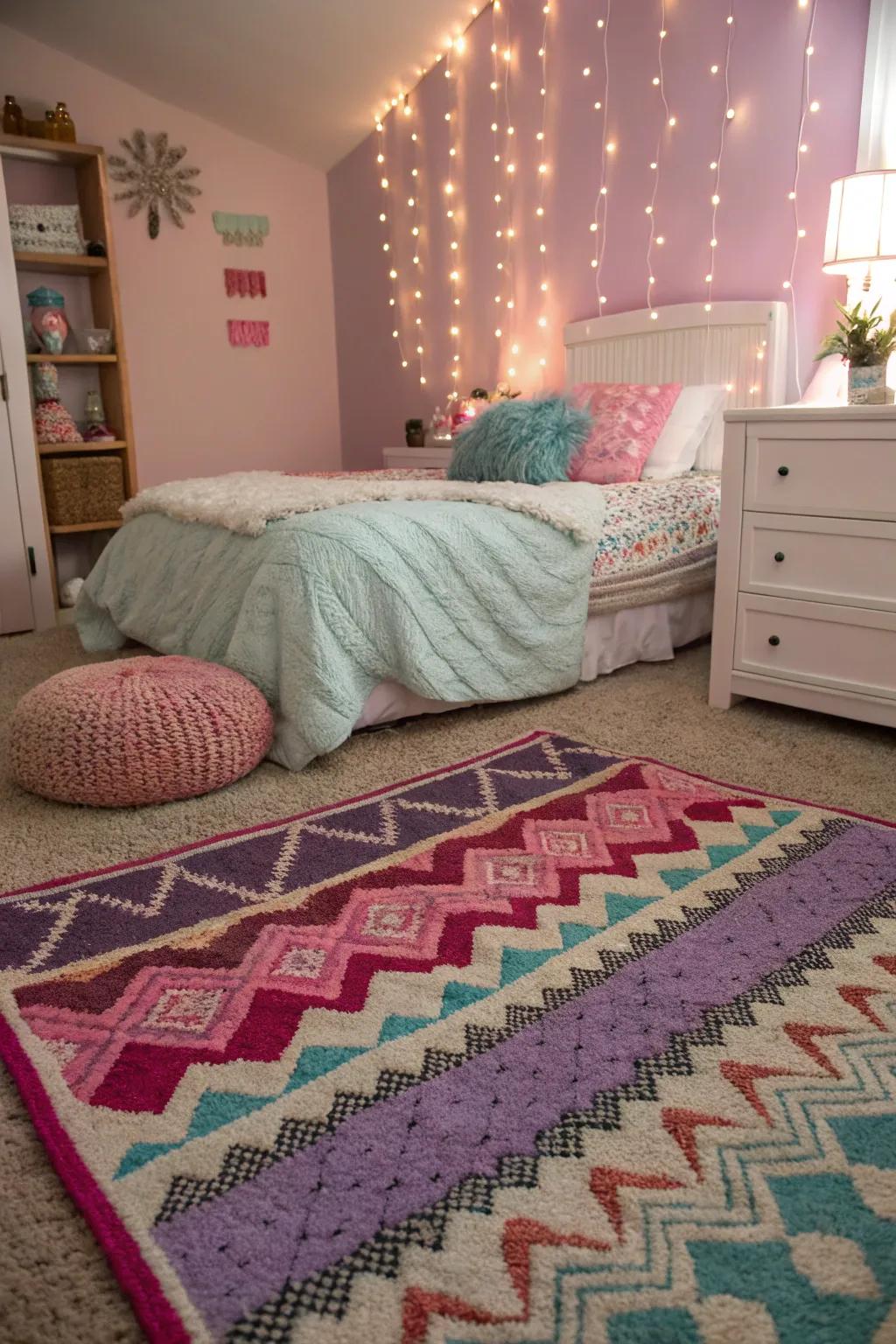 Layered rugs add warmth and style, providing a cozy foundation for a chic teen room.