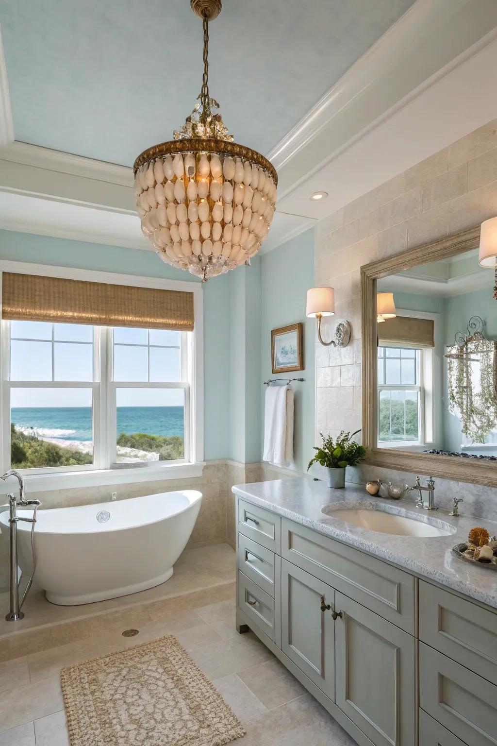 Add a breezy touch of elegance with a natural shell chandelier in your bathroom.