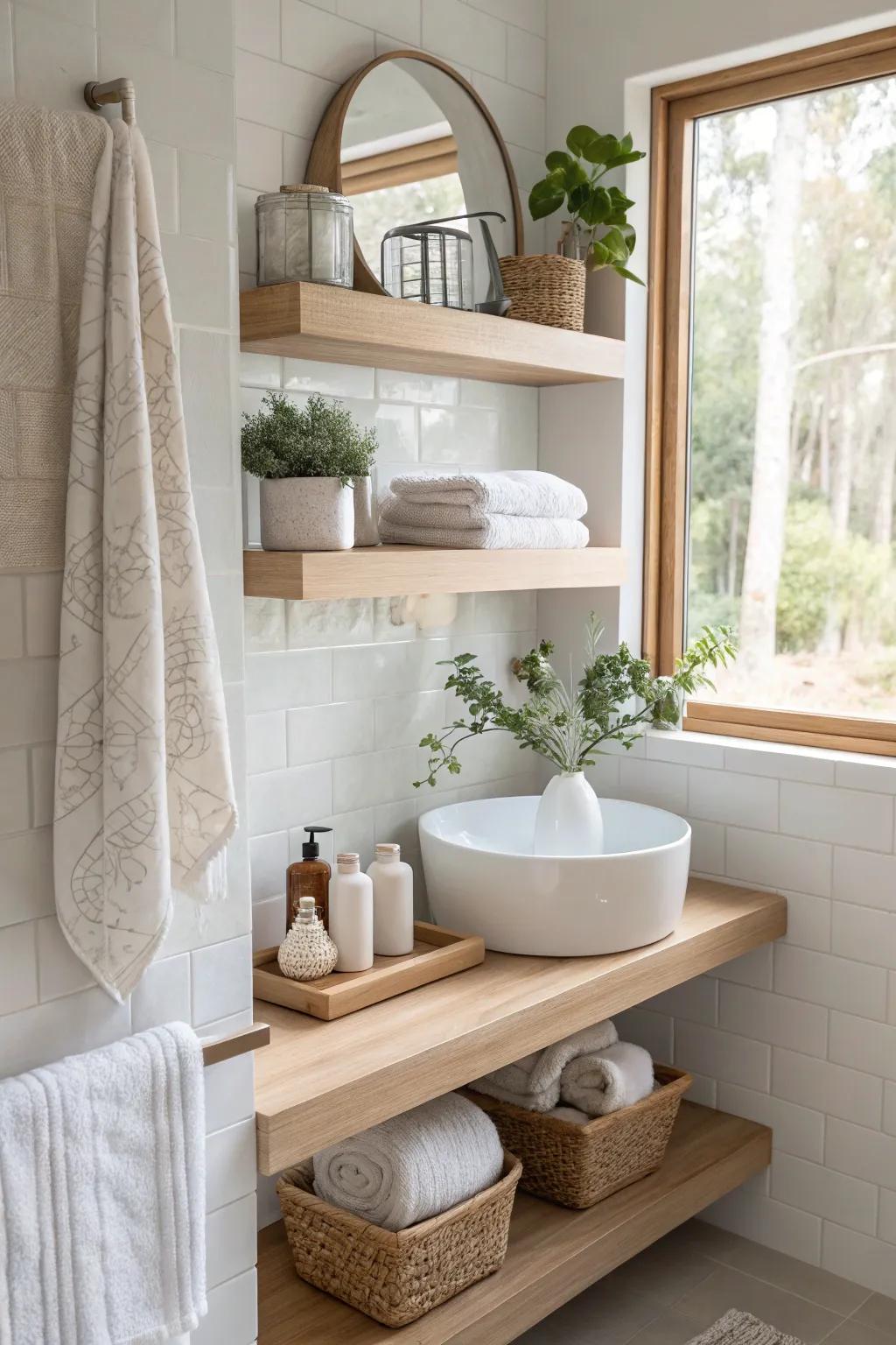 Floating shelf designs add a modern and airy feel to your bathroom.
