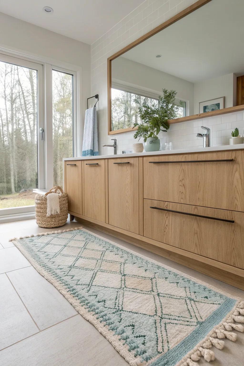 A textured rug adds warmth and comfort to the bathroom, complementing the oak cabinetry.