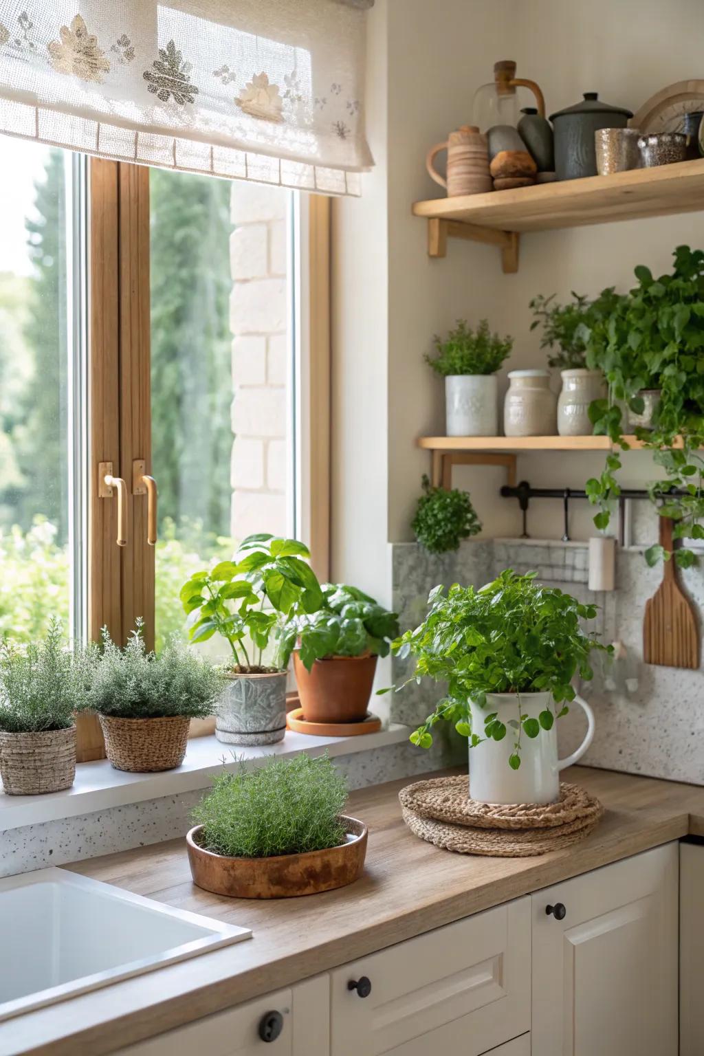 Bring freshness to your kitchen with indoor plants that add a natural touch.
