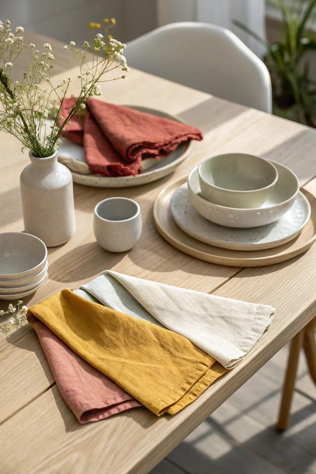 Bring a pop of color to your table with vibrant fabric napkins that match your theme perfectly. 🌈 #TableColor #DecorInspo