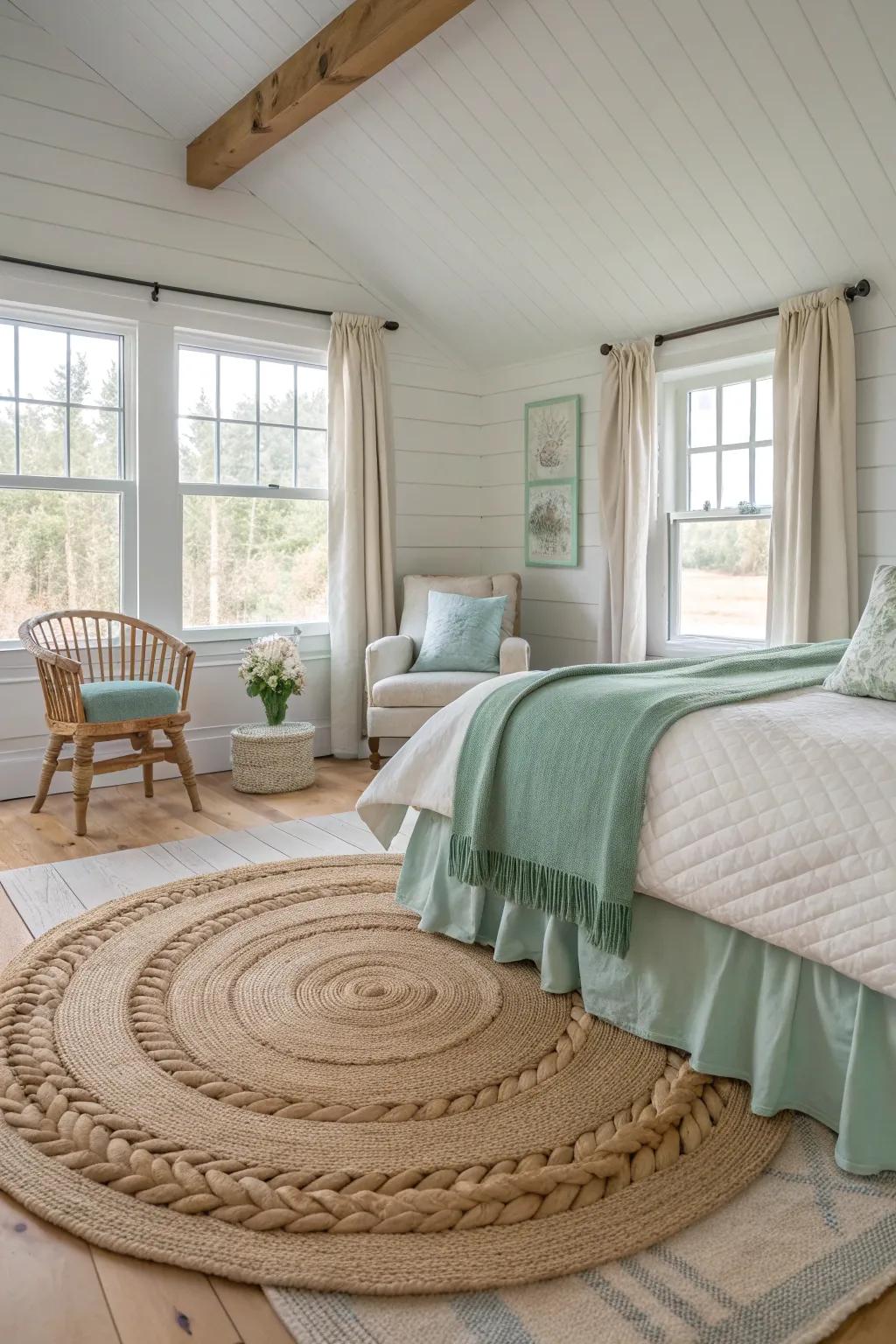 Layered rugs introduce warmth and texture, enhancing the cozy coastal vibe.
