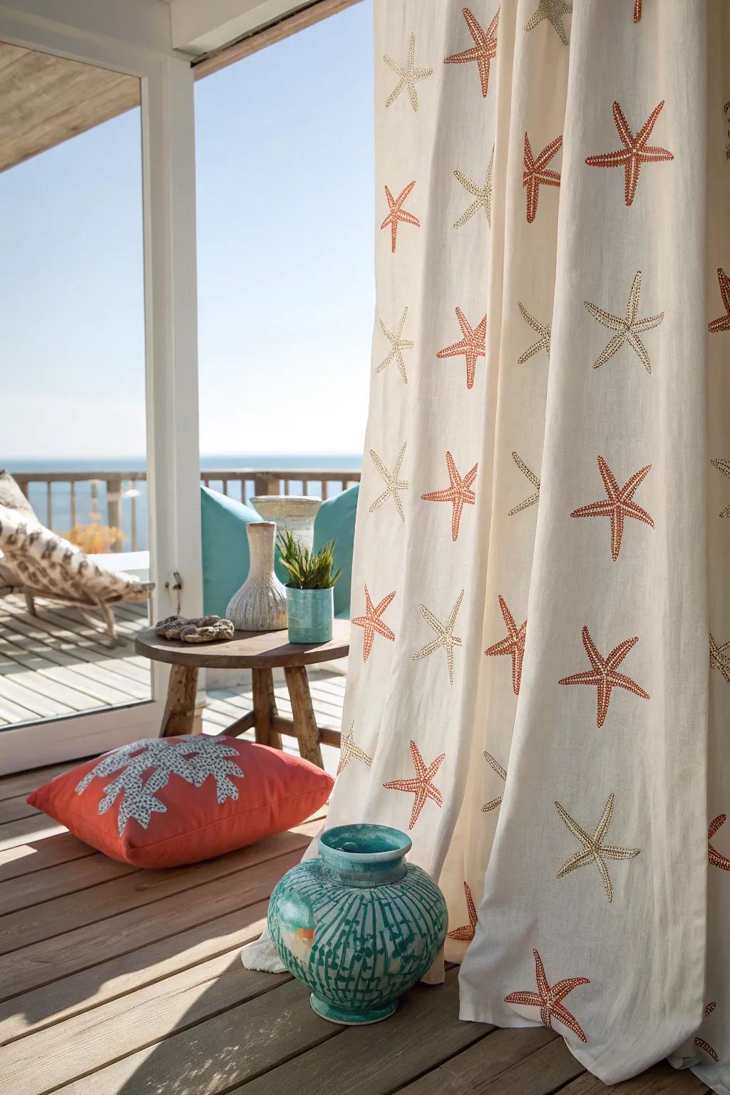 Add a whimsical beachy touch with starfish-patterned curtains.