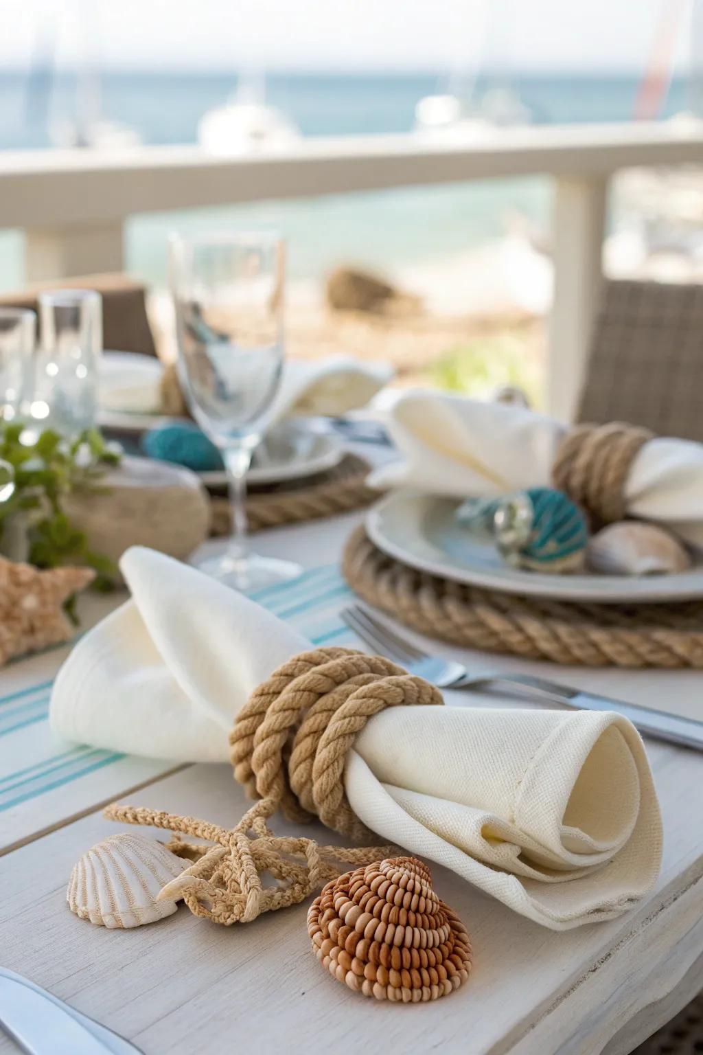 Shell and rope napkin rings add a personal touch to your coastal table setup.
