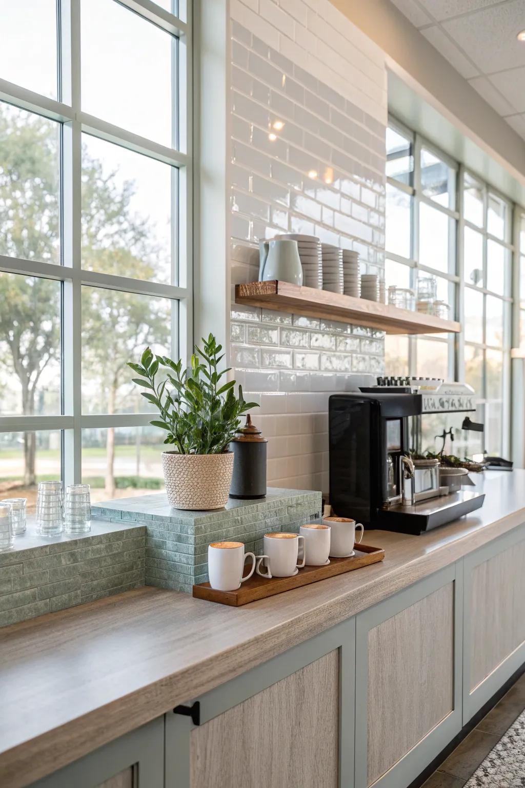 Go sleek with glass tiles that add a polished touch to your coffee bar.