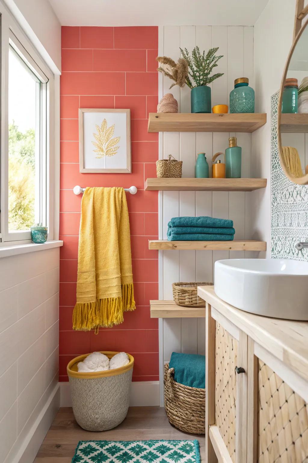 Scandinavian simplicity meets coral accents for a calming, chic bathroom.