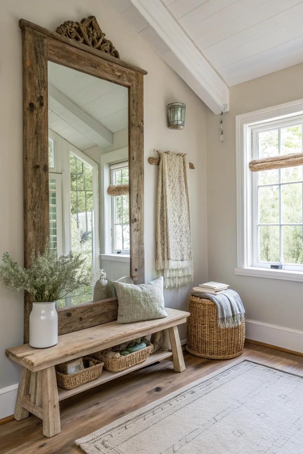 Reflect beauty and light with vintage mirrors that add elegance to your home. 🌟 #VintageMirrors #CottageCharm #InteriorDesign
