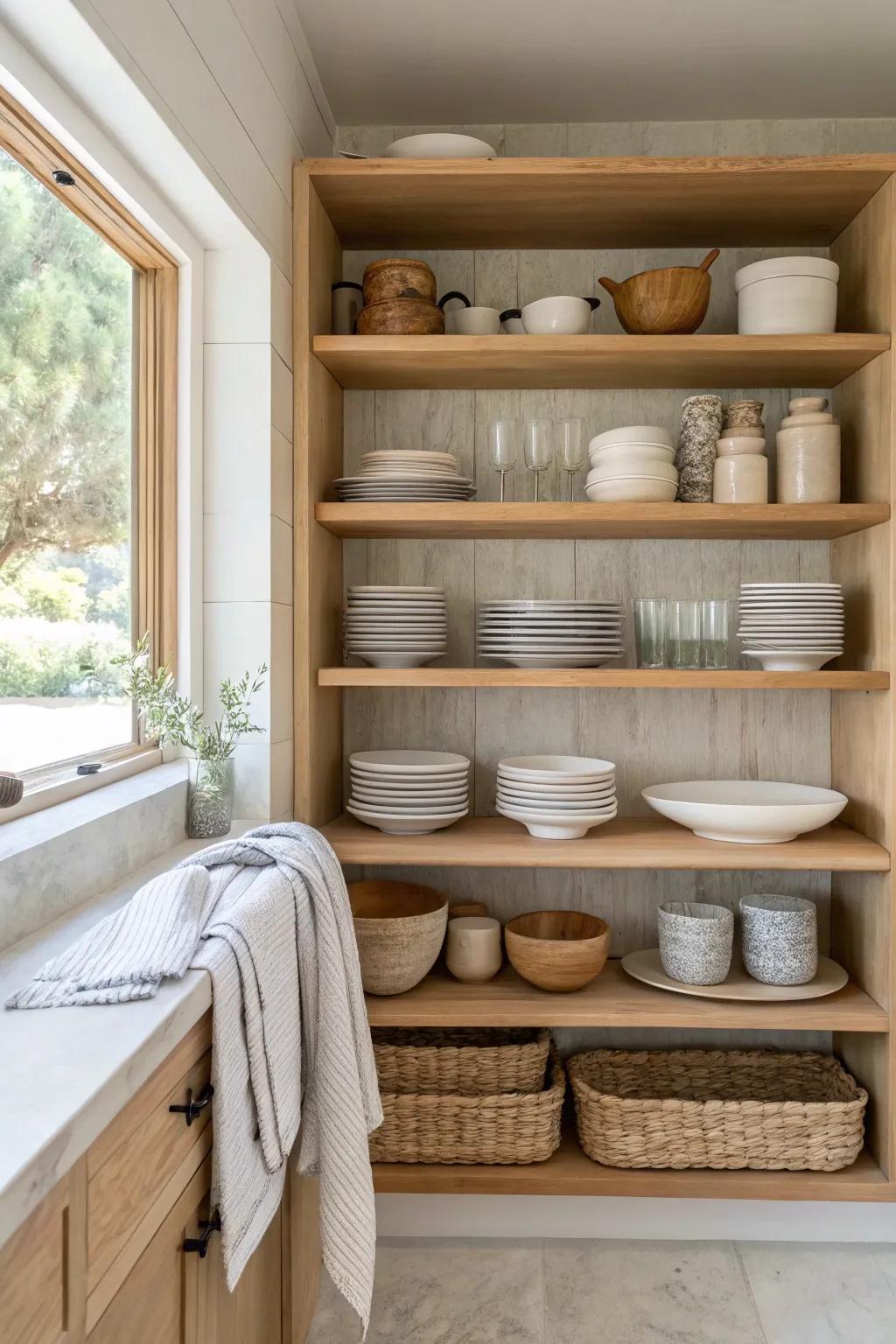Double your cupboard capacity with additional shelving for a more organized kitchen. #KitchenOrganization #SmartStorage
