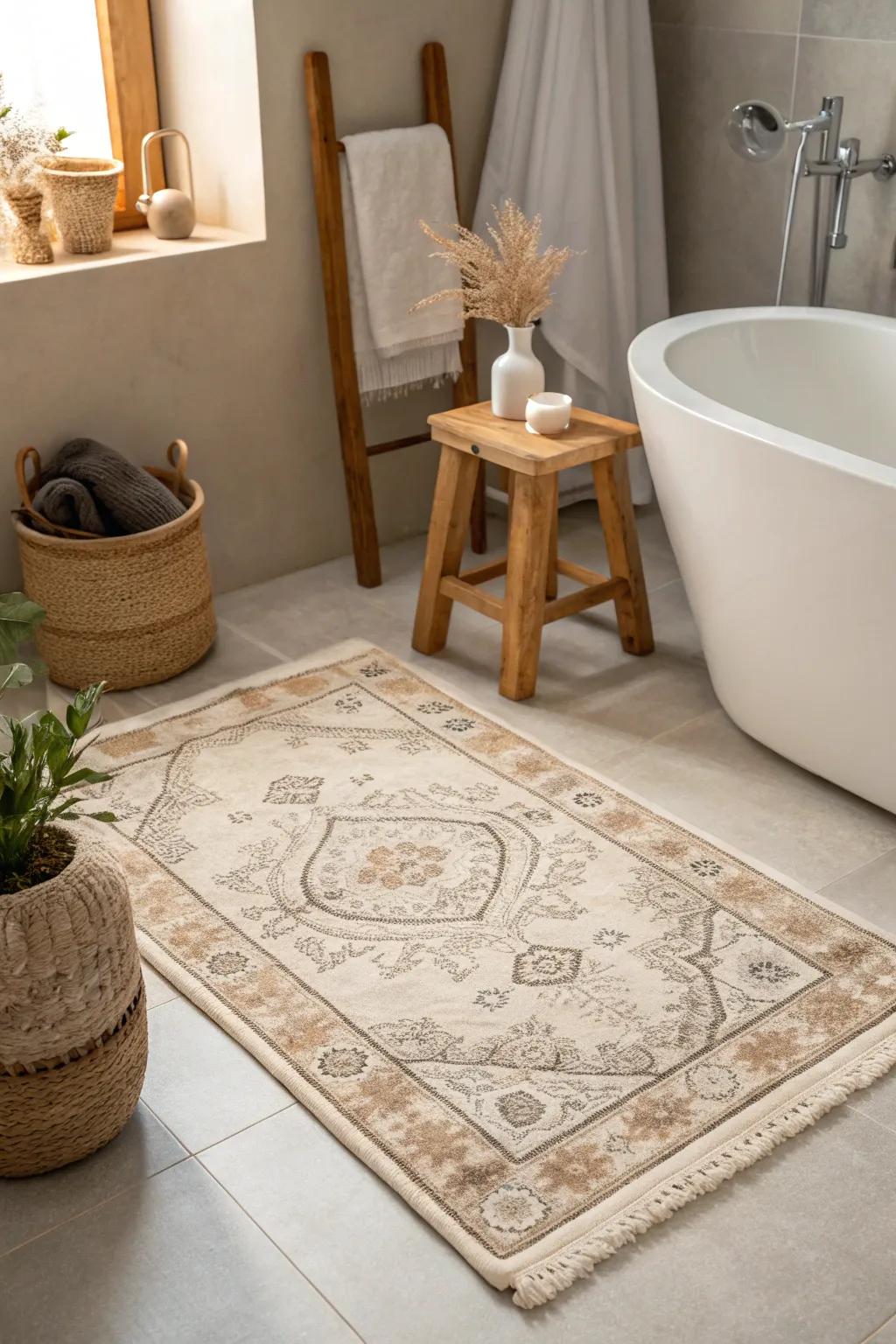 Vintage rugs transform your bathroom into a stylish, welcoming retreat with a touch of history.