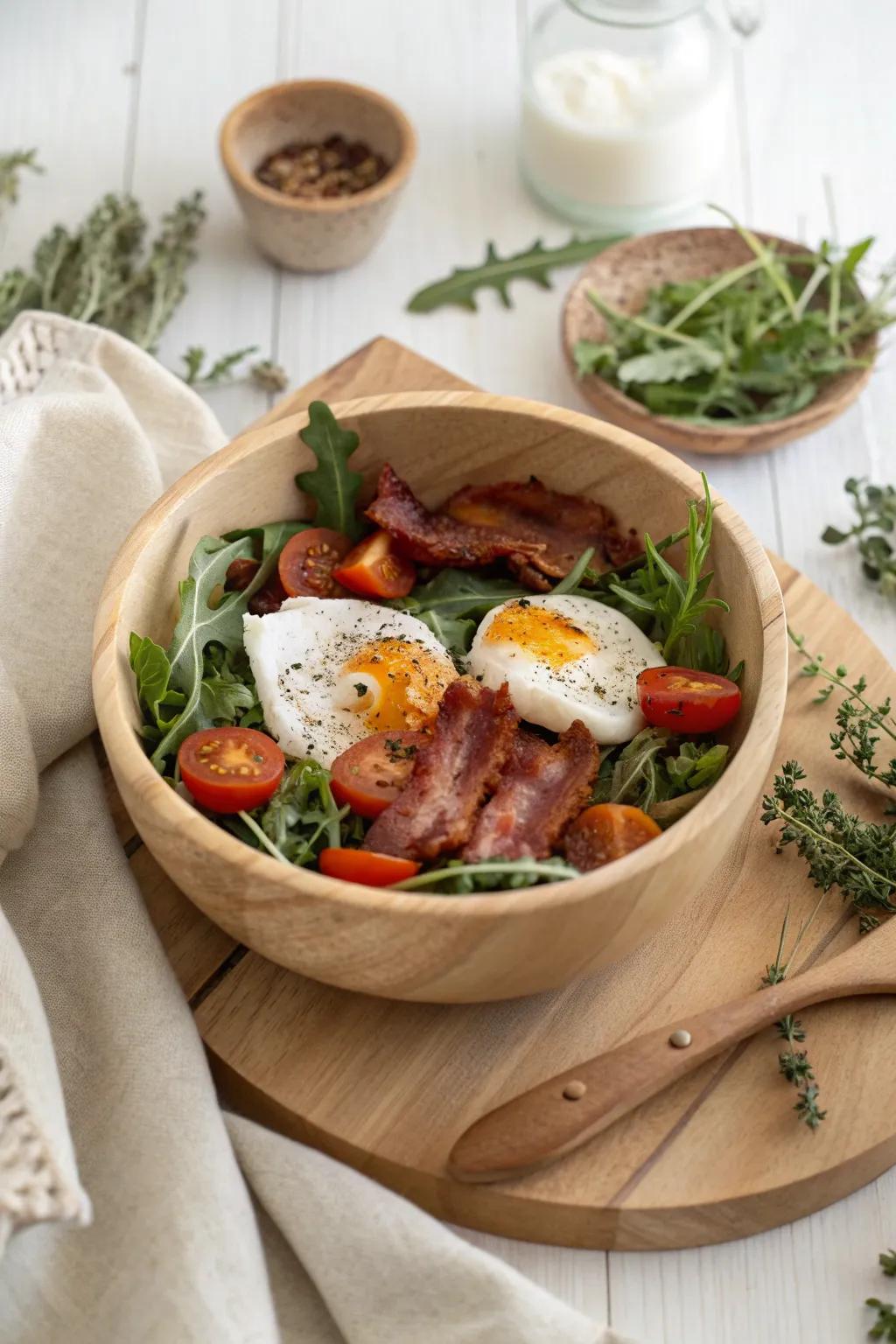 Refresh your morning with an English breakfast salad, a lighter take on the classic with a healthy twist. 🥗🍅 #SaladForBreakfast #HealthyChoices