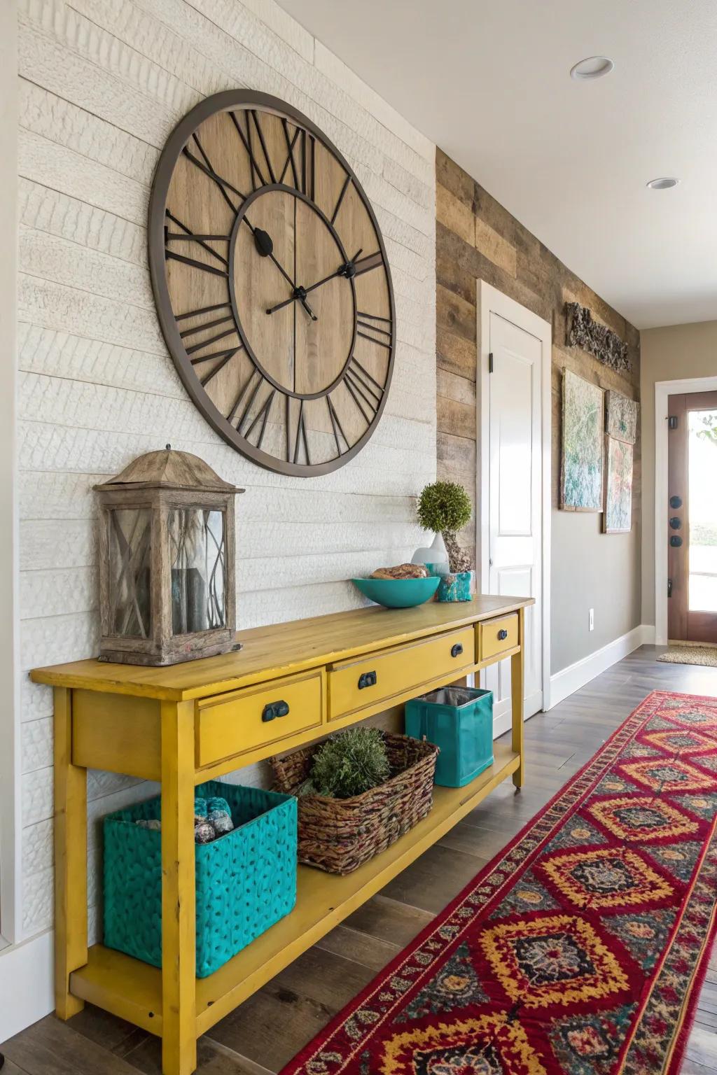 A rustic clock makes a bold statement and keeps you on time.