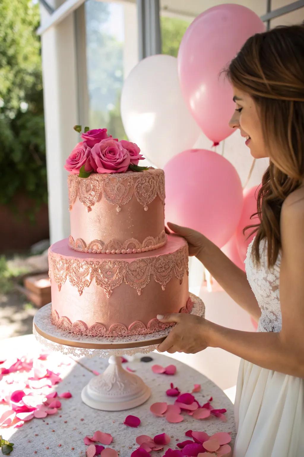 Intricate lace and a touch of gold create a cake that's fit for a queen. 👑 #LaceCake #RoseGold #ElegantParty