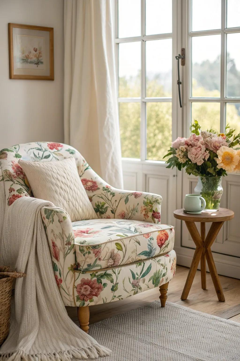 Floral upholstered furniture adds an unexpected pop of nature to your bedroom.