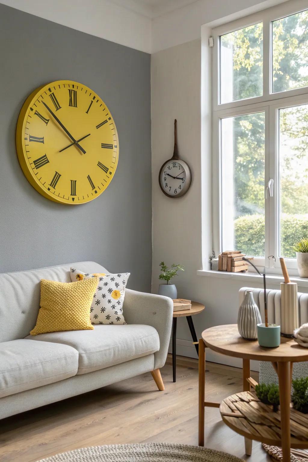 Keep time stylishly with a bold yellow wall clock on a serene grey wall. #WallClock #Timepiece