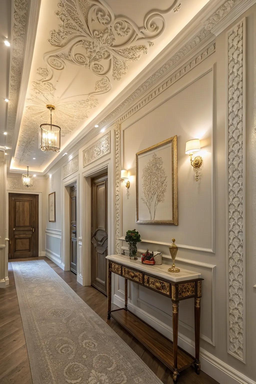Unify your hallway's design with moldings that harmonize different elements.
