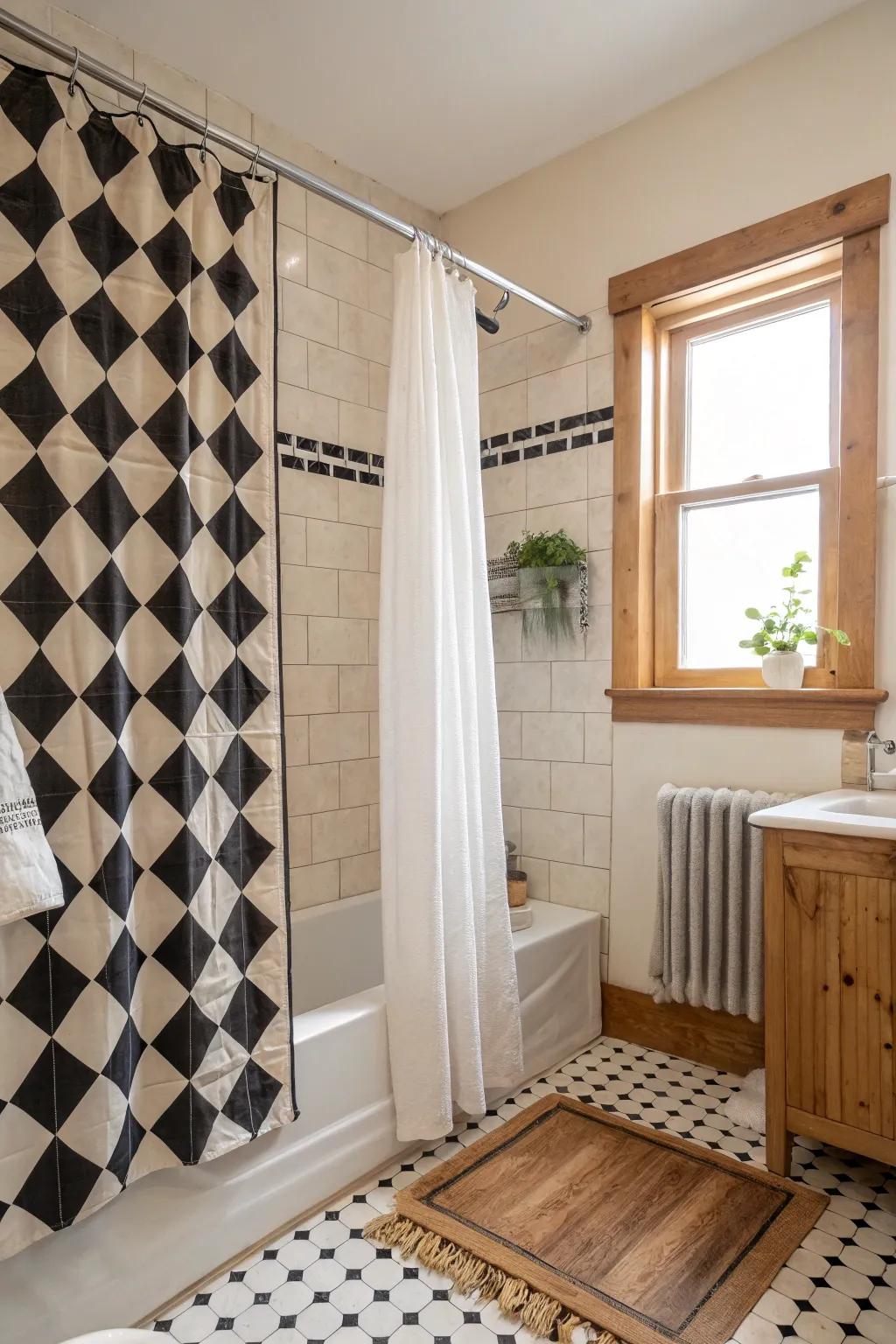 Make a bold statement with a fun checkerboard pattern for a retro-inspired shower. 🎨 #VintageVibes #CheckerboardChic