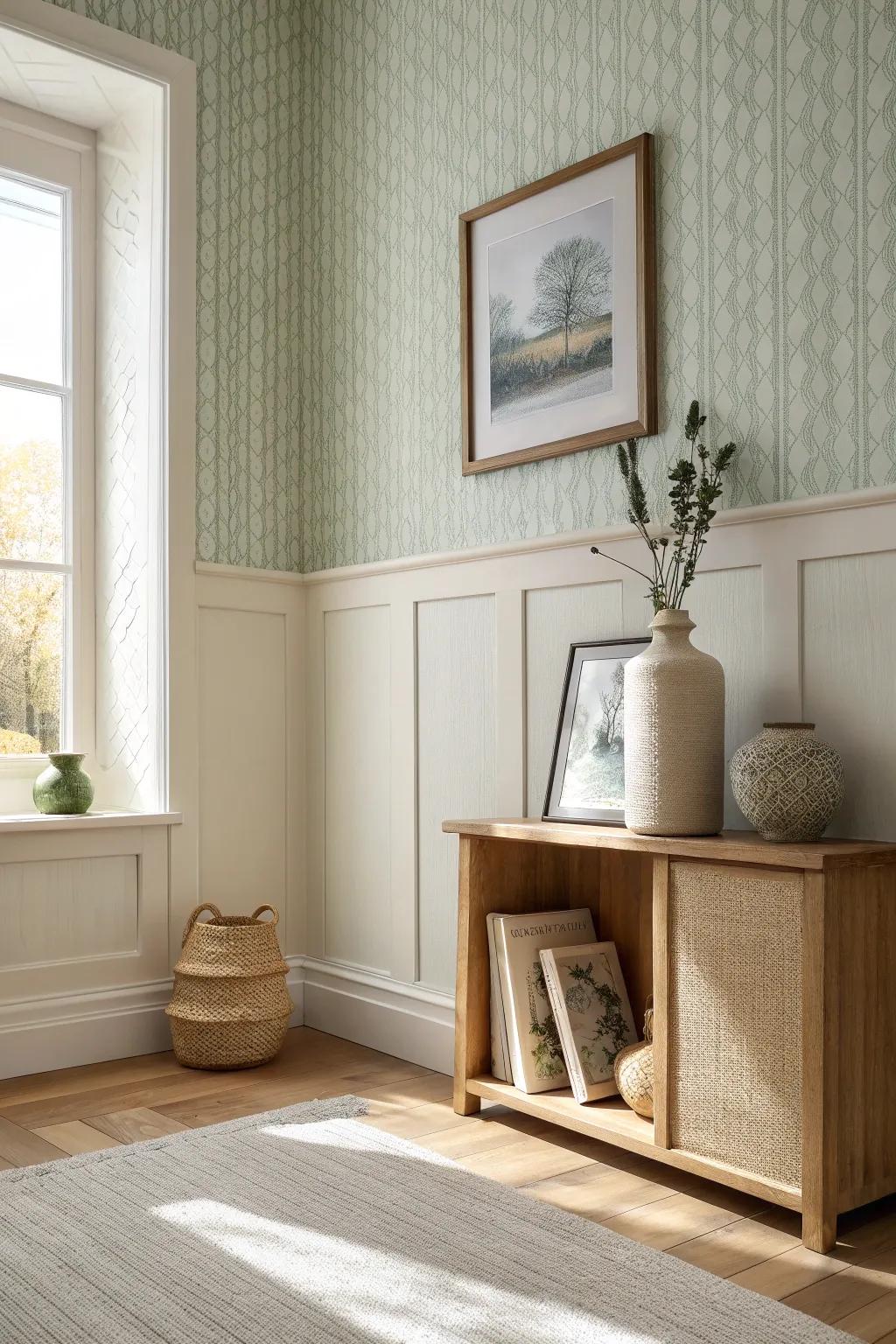 Textured wallpaper adds interest, transforming corners into stunning design features.