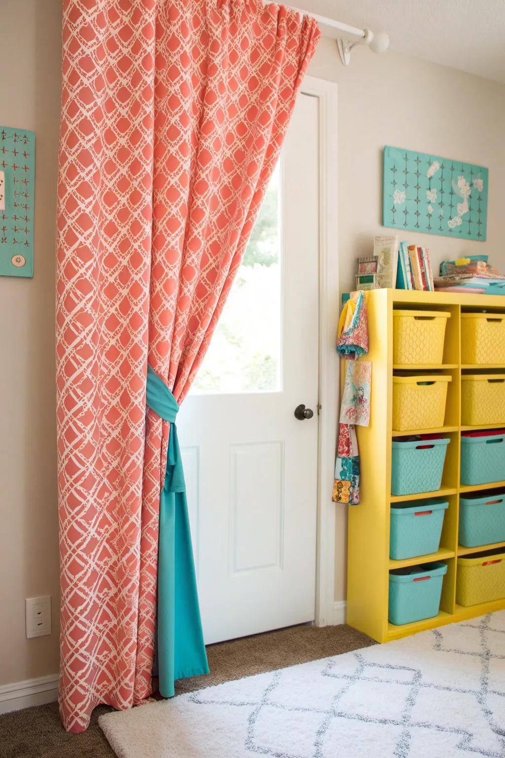 Curtains offer a playful twist to traditional closet doors, adding charm and ease.